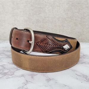 Nocona Men's Tan Top Hand Leather Western Belt with Concho Laced Billet
